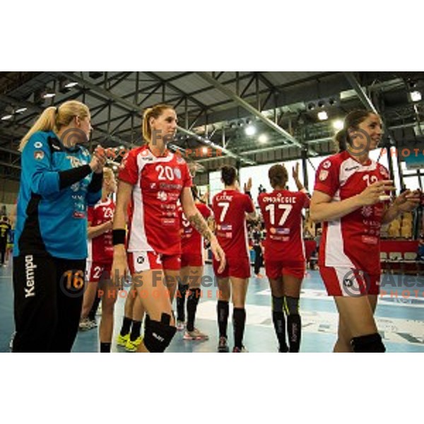 Misa Marincek, Alja Koren in action during Handball match Krim - Ioventa Mihalovce, EHF Champions league qualifying, Kodeljevo, Ljubljana, Slovenia, 10.09.2016