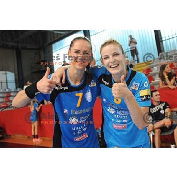 Vesna Milanovic Litre and Aneta Benko of Krim Mercator in action during EHF Champions league qualifying tournament final handball match between Krim Mercator and Idecco Conversano in Kodeljevo Hall, Ljubljana, Slovenia on September 11, 2016