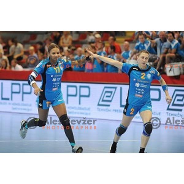 Elisabeth Omoregie and Tamara Georgijev of Krim Mercator in action during EHF Champions league qualifying tournament final handball match between Krim Mercator and Idecco Conversano in Kodeljevo Hall, Ljubljana, Slovenia on September 11, 2016