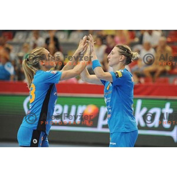 Polona Baric and Tamara Georgijev of Krim Mercator in action during EHF Champions league qualifying tournament final handball match between Krim Mercator and Idecco Conversano in Kodeljevo Hall, Ljubljana, Slovenia on September 11, 2016