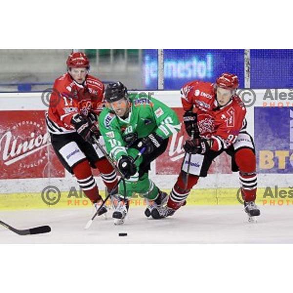 Miha Logar and Tadej Cimzar of Jesenice and Anze Ropret of Olimpija in action during ice-hockey match Olimpija Ljubljana - SIJ Acroni Jesenice in Tivoli Hall, Ljubljana, Slovenia on September 13, 2016