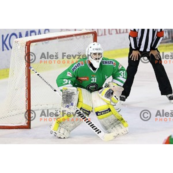 Jeff Frazee in action during ice-hockey match Olimpija Ljubljana - SIJ Acroni Jesenice in Tivoli Hall, Ljubljana, Slovenia on September 13, 2016