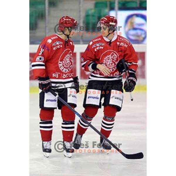 Saso Rajsar and Miha Brus in action during ice-hockey match Olimpija Ljubljana - SIJ Acroni Jesenice in Tivoli Hall, Ljubljana, Slovenia on September 13, 2016