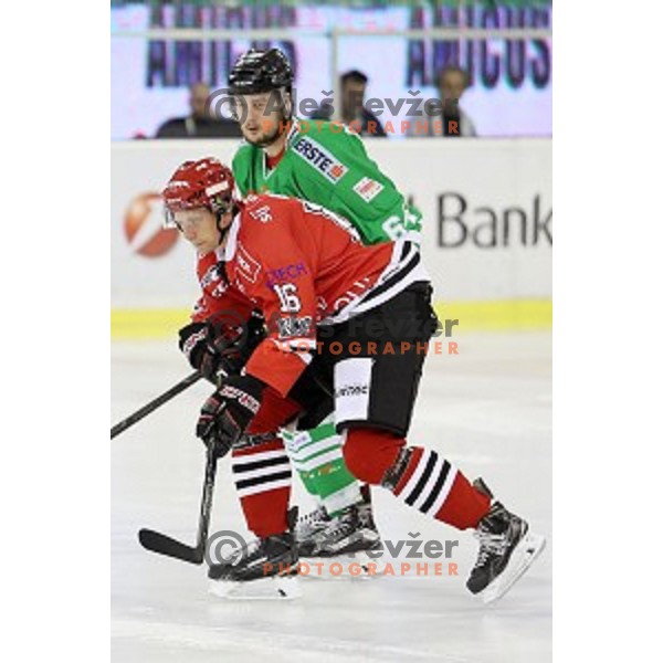 Miha Brus and Raphael Bussieres in action during ice-hockey match Olimpija Ljubljana - SIJ Acroni Jesenice in Tivoli Hall, Ljubljana, Slovenia on September 13, 2016
