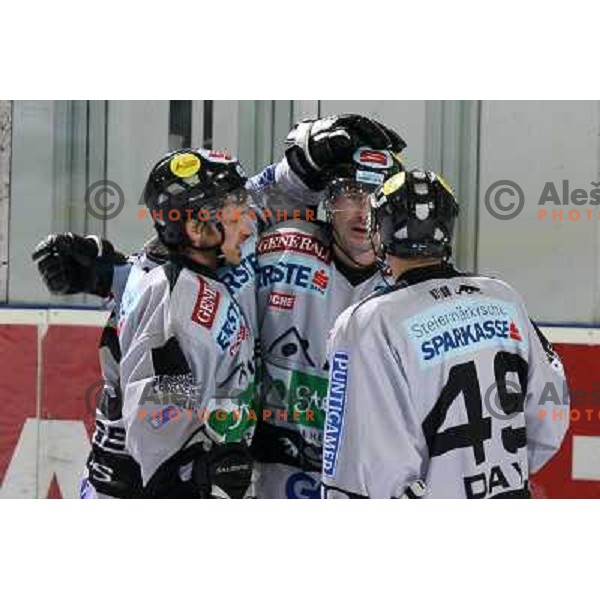 Ivo Jan (in the middle) scored second goal at match ZM Olimpija-Graz 99er in Ebel league,played in Ljubljana,Slovenia 9.10.2007. Photo by Ales Fevzer 