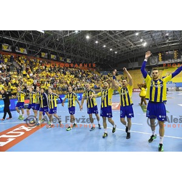Players of Celje Pivovarna Lasko celebrate victory at EHF Champions league handball match between Celje PL (Slovenia) and Zagreb (Croatia) in Zlatorog Hall, Celje on September 24, 2016