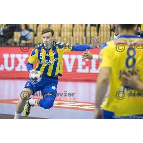 Celje’s centre back Jaka Malus (5) in action during EHF Champions League match between Celje PL (Slovenia) and HC Vardar (Macedonia) in Zlatorog Hall, Celje on October 9, 2016