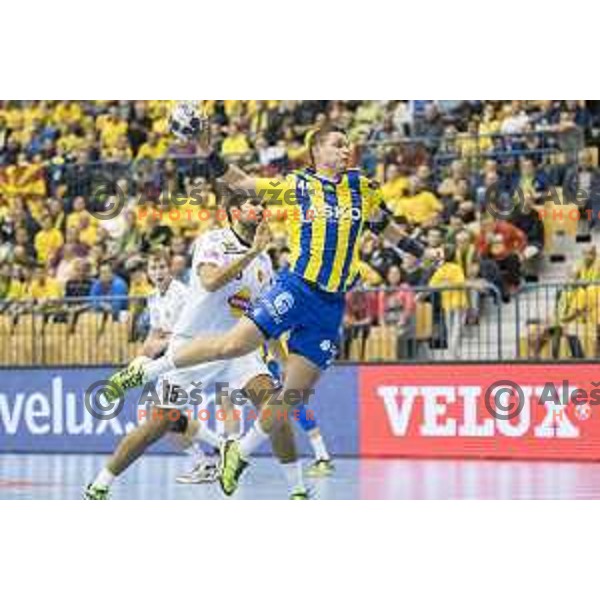 Celje’s line player Vid Poteko (15) in action during EHF Champions League match between Celje PL (Slovenia) and HC Vardar (Macedonia) in Zlatorog Hall, Celje on October 9, 2016