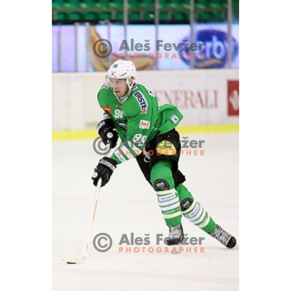 Miha Zajc of Olimpija Ljubljana in action during EBEL league 2016/2017 ice-hockey match between Olimpija Ljubljana and KAC in Tivoli Hall, Ljubljana, Slovenia on October 18, 2016