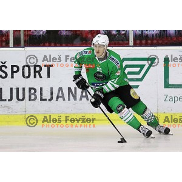 Adis Alagic of Olimpija Ljubljana in action during EBEL league 2016/2017 ice-hockey match between Olimpija Ljubljana and KAC in Tivoli Hall, Ljubljana, Slovenia on October 18, 2016