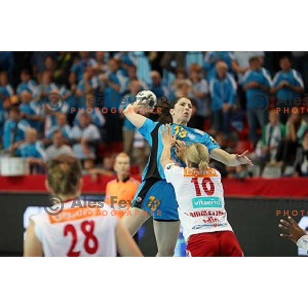 Mirjeta Bajramoska of Krim Mercator in action during EHF Women\'s Champions league handball match between RK Krim Mercator and Larvik in Kodeljevo Hall, Ljubljana, Slovenia on October 22, 2016