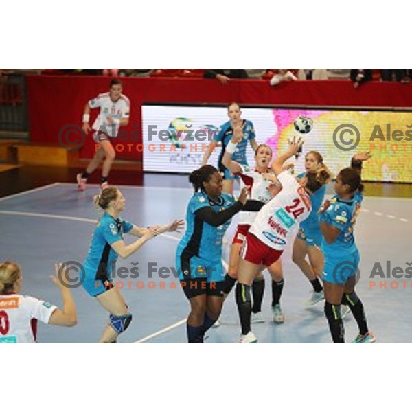 action during EHF Women\'s Champions league handball match between RK Krim Mercator and Larvik in Kodeljevo Hall, Ljubljana, Slovenia on October 22, 2016