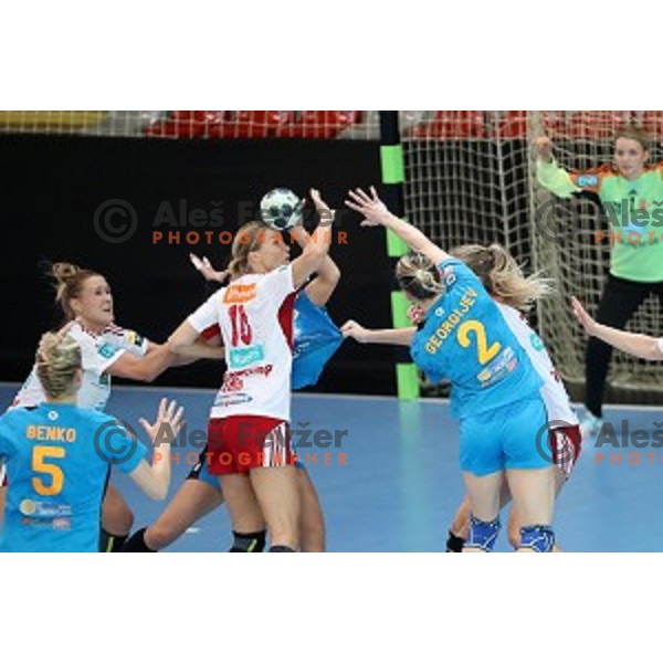 action during EHF Women\'s Champions league handball match between RK Krim Mercator and Larvik in Kodeljevo Hall, Ljubljana, Slovenia on October 22, 2016