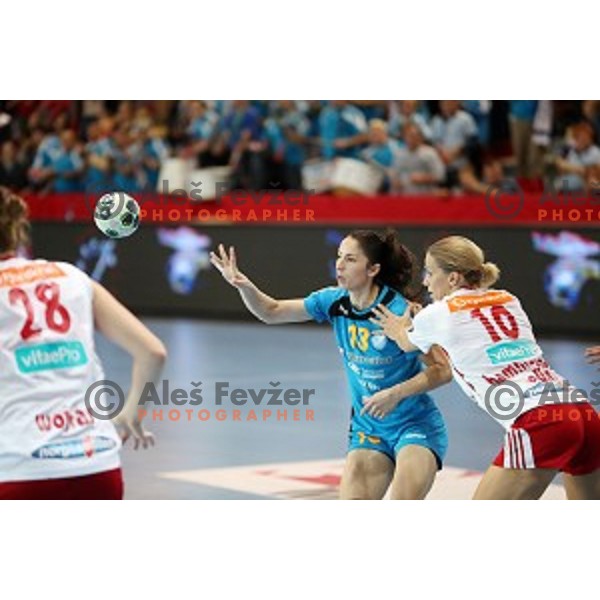 Mirjeta Bajramoska of Krim Mercator in action during EHF Women\'s Champions league handball match between RK Krim Mercator and Larvik in Kodeljevo Hall, Ljubljana, Slovenia on October 22, 2016