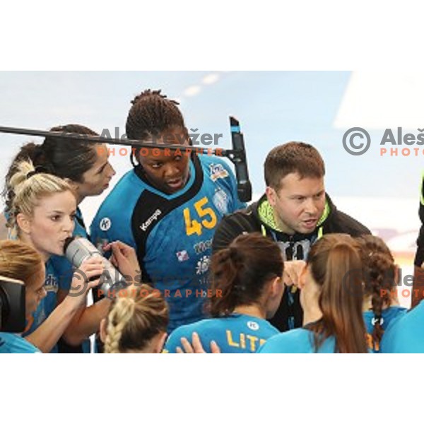 Uros Bregar, head coach of Krim Mercator in action during EHF Women\'s Champions league handball match between RK Krim Mercator and Larvik in Kodeljevo Hall, Ljubljana, Slovenia on October 22, 2016