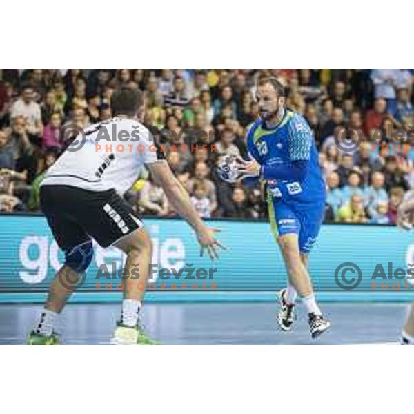 Slovenia’s centre back and captain Uros Zorman (23) in action during Euro 2018 handball qualification match between Slovenia and Switzerland in Red hall, Velenje, November 2nd, 2016