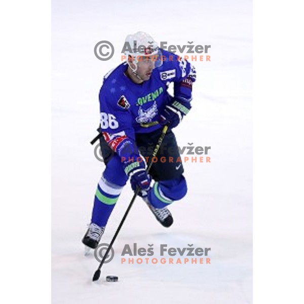 Sabahudin Kovacevic of Slovenia in action during EIHC Challenge ice-hockey match between Slovenia and Latvia in Bled Ice Hall, Slovenia on November 3, 2016