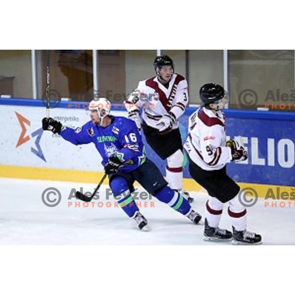 Ales Music of Slovenia in action during EIHC Challenge ice-hockey match between Slovenia and Latvia in Bled Ice Hall, Slovenia on November 3, 2016