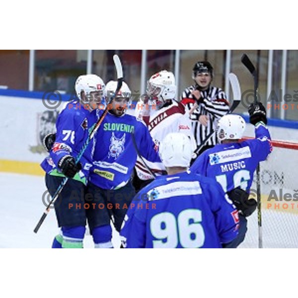 Nik Pem, Ziga Pesut of Slovenia in action during EIHC Challenge ice-hockey match between Slovenia and Latvia in Bled Ice Hall, Slovenia on November 3, 2016