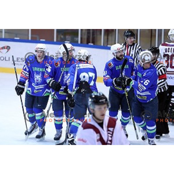Nik Pem, Ziga Pesut of Slovenia in action during EIHC Challenge ice-hockey match between Slovenia and Latvia in Bled Ice Hall, Slovenia on November 3, 2016