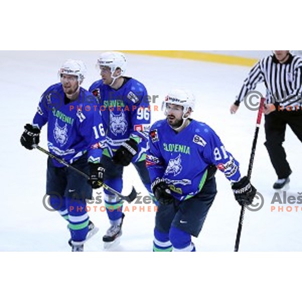 Ales Music, Maks Selan and Ziga Pesut of Slovenia in action during EIHC Challenge ice-hockey match between Slovenia and Latvia in Bled Ice Hall, Slovenia on November 3, 2016