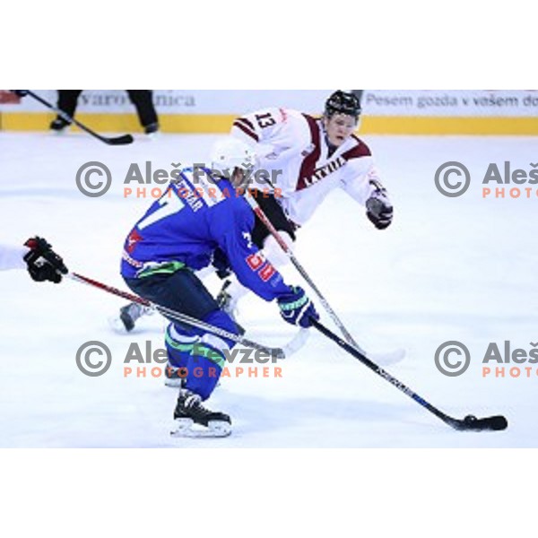 Klemen Pretnar of Slovenia in action during EIHC Challenge ice-hockey match between Slovenia and Latvia in Bled Ice Hall, Slovenia on November 3, 2016