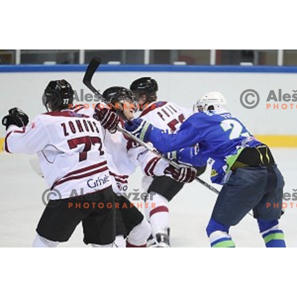 Rok Ticar of Slovenia in action during EIHC Challenge ice-hockey match between Slovenia and Latvia in Bled Ice Hall, Slovenia on November 3, 2016