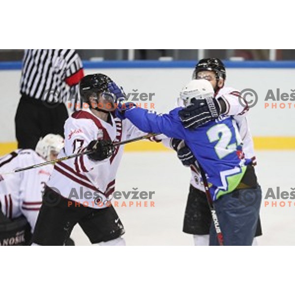 Rok Ticar of Slovenia in action during EIHC Challenge ice-hockey match between Slovenia and Latvia in Bled Ice Hall, Slovenia on November 3, 2016