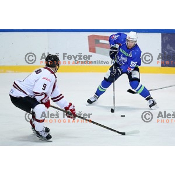 Robert Sabolic of Slovenia in action during EIHC Challenge ice-hockey match between Slovenia and Latvia in Bled Ice Hall, Slovenia on November 3, 2016