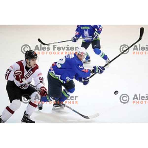 Anze Kuralt of Slovenia in action during EIHC Challenge ice-hockey match between Slovenia and Latvia in Bled Ice Hall, Slovenia on November 3, 2016
