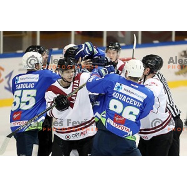 Sabahudin Kovacevic of Slovenia in action during EIHC Challenge ice-hockey match between Slovenia and Latvia in Bled Ice Hall, Slovenia on November 3, 2016