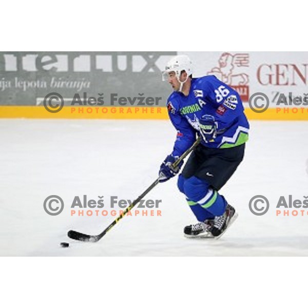 Sabahudin Kovacevic of Slovenia in action during EIHC Challenge ice-hockey match between Slovenia and Latvia in Bled Ice Hall, Slovenia on November 3, 2016