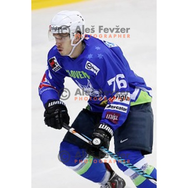 Nik Pem of Slovenia in action during EIHC Challenge ice-hockey match between Slovenia and Latvia in Bled Ice Hall, Slovenia on November 3, 2016