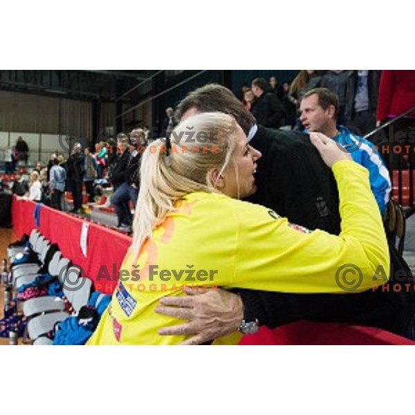 Misa Marincek, Zoran Jankovic in action during football match Krim Merkator - Esbjerg, EHF Womens Champions league 2016/17,Kodeljevo, Ljubljana, Slovenia, November 12. 2016