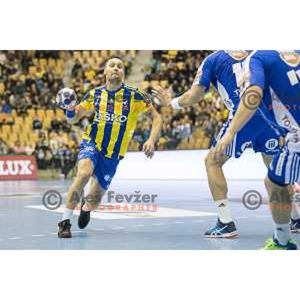 Celje’s left wing and captain Luka Zvizej (77) in action during EHF Champions League match between Celje PL (Slovenia) and MOL-Pick Szeged (Hungary) in Zlatorog Hall, Celje on November 12th, 2016