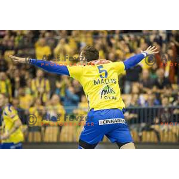 Celje’s centre back Jaka Malus (5) celebrating during EHF Champions League match between Celje PL (Slovenia) and MOL-Pick Szeged (Hungary) in Zlatorog Hall, Celje on November 12th, 2016