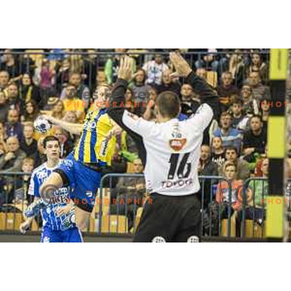 Celje’s left wing Tilen Kodrin (25) in action during EHF Champions League match between Celje PL (Slovenia) and MOL-Pick Szeged (Hungary) in Zlatorog Hall, Celje on November 12th, 2016