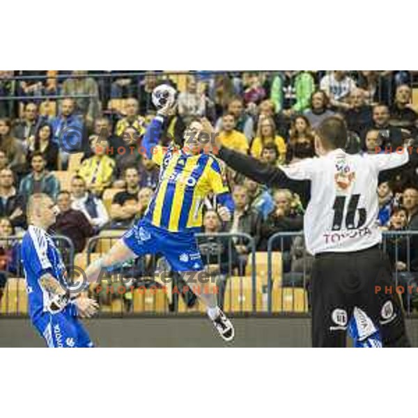 Celje’s right back Miha Zarabec (23) in action during EHF Champions League match between Celje PL (Slovenia) and MOL-Pick Szeged (Hungary) in Zlatorog Hall, Celje on November 12th, 2016