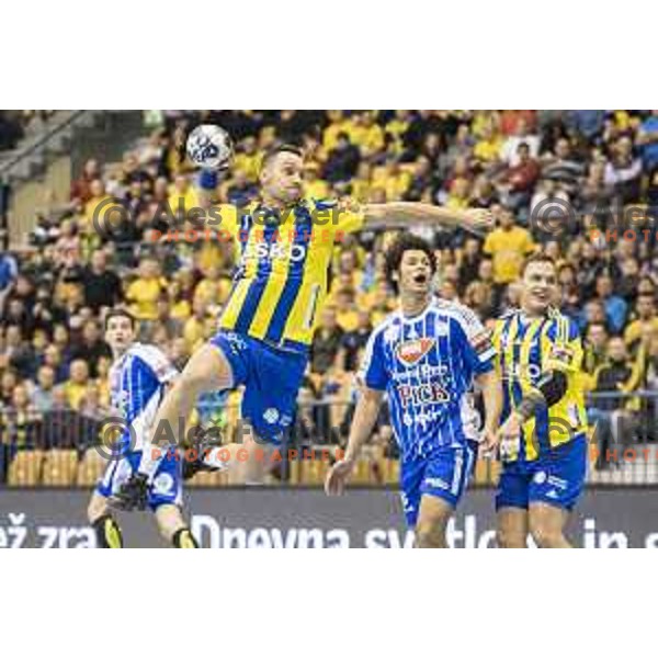 Celje’s left wing and captain Luka Zvizej (77) in action during EHF Champions League match between Celje PL (Slovenia) and MOL-Pick Szeged (Hungary) in Zlatorog Hall, Celje on November 12th, 2016
