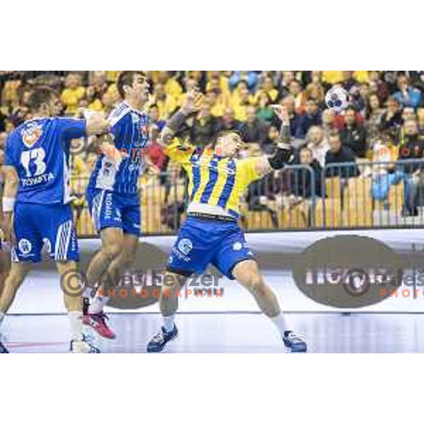 Celje’s line player Vid Poteko (15) in action during EHF Champions League match between Celje PL (Slovenia) and MOL-Pick Szeged (Hungary) in Zlatorog Hall, Celje on November 12th, 2016