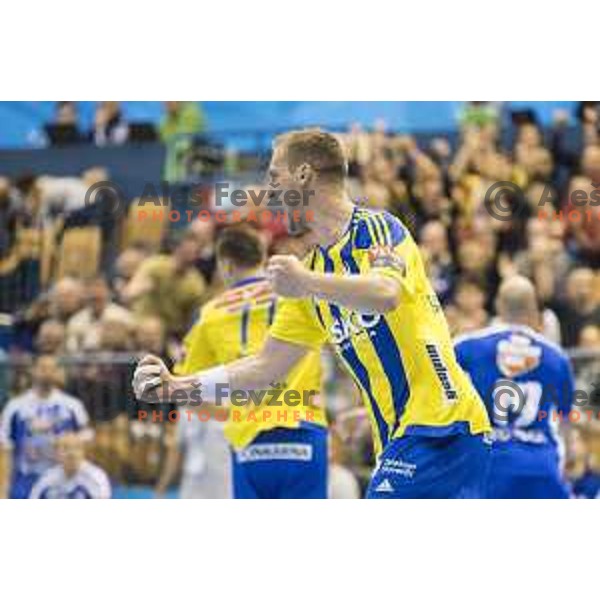 Celje’s left back Povilas Barbarskas (7) celebrating during EHF Champions League match between Celje PL (Slovenia) and MOL-Pick Szeged (Hungary) in Zlatorog Hall, Celje on November 12th, 2016