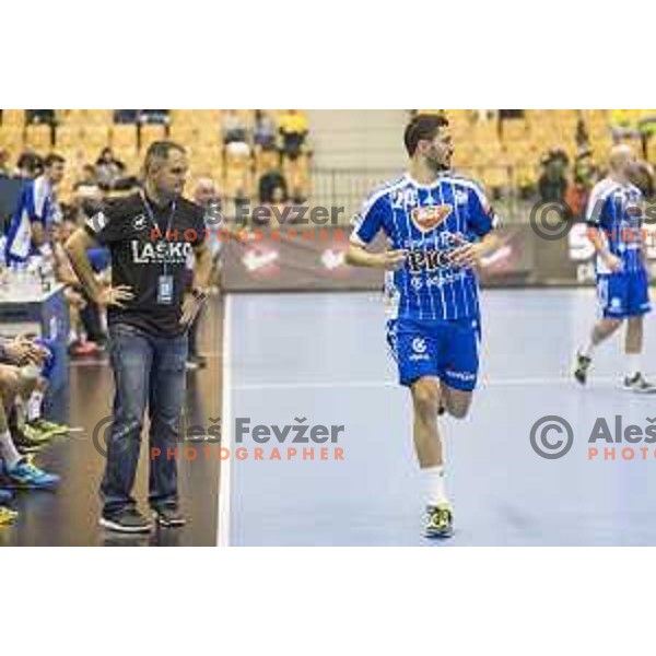 Celje’s head coach Branko Tamse and Szeged’s right wing Mario Sostaric (24) in action during EHF Champions League match between Celje PL (Slovenia) and MOL-Pick Szeged (Hungary) in Zlatorog Hall, Celje on November 12th, 2016