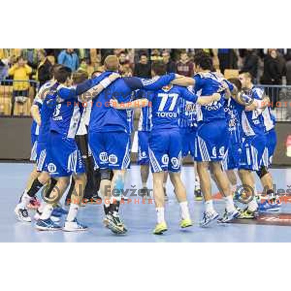 Team Pick Szeged celebrating after victory in EHF Champions League match between Celje PL (Slovenia) and MOL-Pick Szeged (Hungary) in Zlatorog Hall, Celje on November 12th, 2016