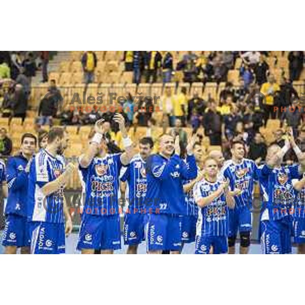 Team Pick Szeged celebrating after victory in EHF Champions League match between Celje PL (Slovenia) and MOL-Pick Szeged (Hungary) in Zlatorog Hall, Celje on November 12th, 2016