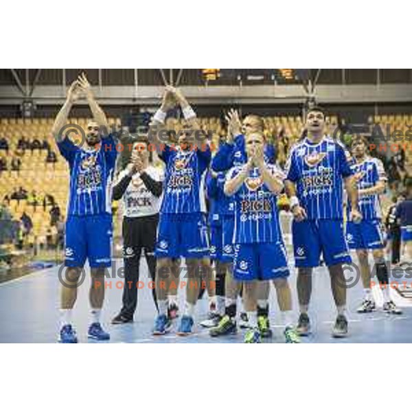 Team Pick Szeged celebrating after victory in EHF Champions League match between Celje PL (Slovenia) and MOL-Pick Szeged (Hungary) in Zlatorog Hall, Celje on November 12th, 2016