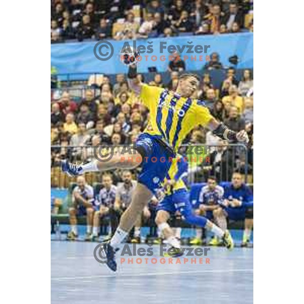 Celje’s line player Vid Poteko (15) in action during EHF Champions League match between Celje PL (Slovenia) and MOL-Pick Szeged (Hungary) in Zlatorog Hall, Celje on November 12th, 2016