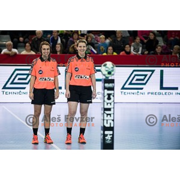 referee Antic and Jakovljevic in action during football match Krim Merkator - Esbjerg, EHF Womens Champions league 2016/17,Kodeljevo, Ljubljana, Slovenia, November 12. 2016