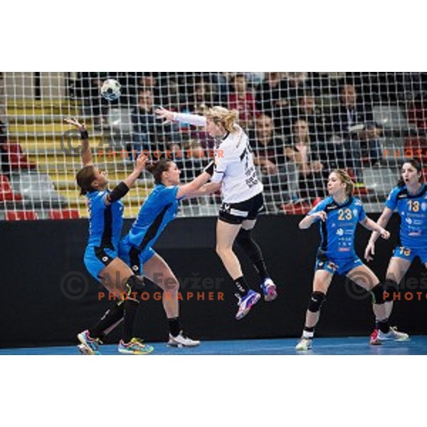 Elisabeth Omoregie, Vesna Milovanovic Litre in action during football match Krim Merkator - Esbjerg, EHF Womens Champions league 2016/17,Kodeljevo, Ljubljana, Slovenia, November 12. 2016