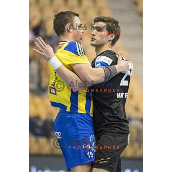 Celje’s line player Vid Poteko (15) and Gorenje’s centre back Luka Mitrovic (20) reacting during 10th round SEHA Gazprom League match between Celje PL and Gorenje Velenje in Zlatorog Hall, Celje on November 15th, 2016