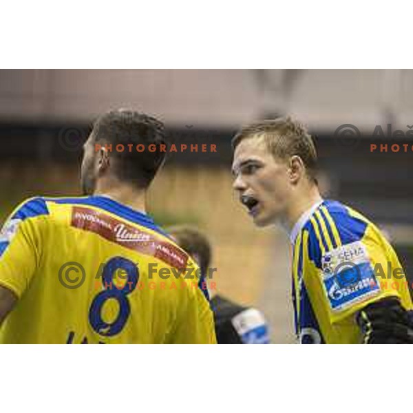 Celje’s right wing Blaz Janc (8) and Celje’s line player Vid Poteko (15) in conversation during 10th round SEHA Gazprom League match between Celje PL and Gorenje Velenje in Zlatorog Hall, Celje on November 15th, 2016